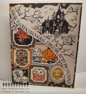 Halloween Card featuring a haunted castle, bats, Frankenstein's monster, a vampire, a mummy, and other seasonal creatures