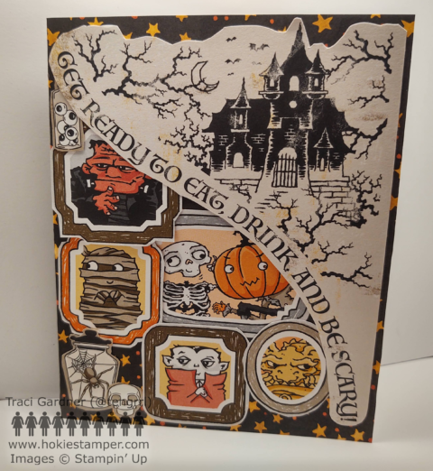 Halloween Card featuring a haunted castle, bats, Frankenstein's monster, dracula, a mummy, and other seasonal creatures