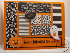 Front of Cute Halloween card, with scarps of paper showing dots, stripes, the word BOO, and more with a featured ghost, cat's face, and jack o'lantern