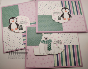 Three Christmas cards featuring four  rectangles of patterned paper in greens, white, and purple. The cards feature a penguin or a polar bear and the sentiment Season's Greetings.