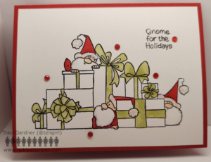 Front of Christmas Gnomes Card, showing three gnomes peeking out behind Christmas presents and the sentiment Gnome for the Holidays