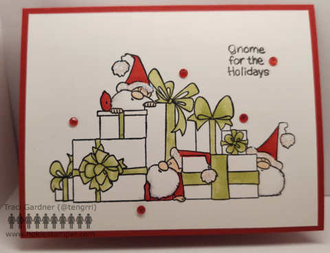 Front of Christmas Gnomes Card, showing three gnomes peeking out behind Christmas presents