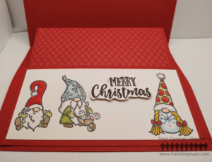 Inside of Christmas Gnomes Card, showing three gnomes and the sentiment Merry Christmas. The card has a sliding gift card holder that appears when you open the card.