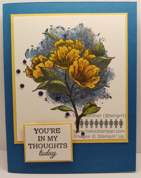 Blue and yellow card featuring a bunch of yellow camellias and the sentiment You're in My Thoughts Today