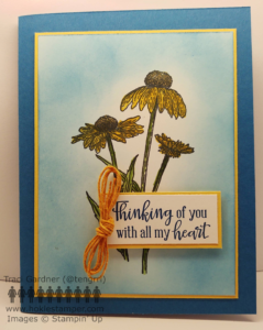 A blue and yellow card featuring yellow cone flowers and the sentiment, Thinking of you with all my heart