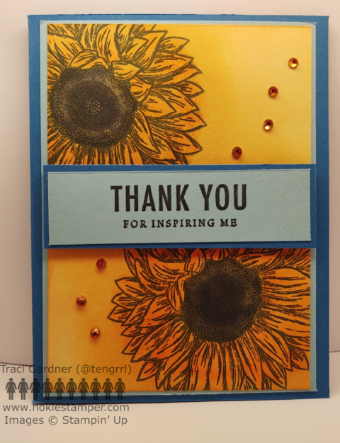 Blue and yellow card featuring sunflowers and the sentiment, Thank you for inspiring me