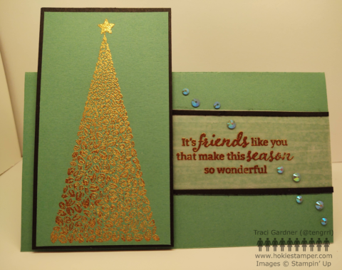 Green card featuring a gold embossed Christmas tree composed of small flowers, with the sentiment, It's friends like you that make this season so wonderful