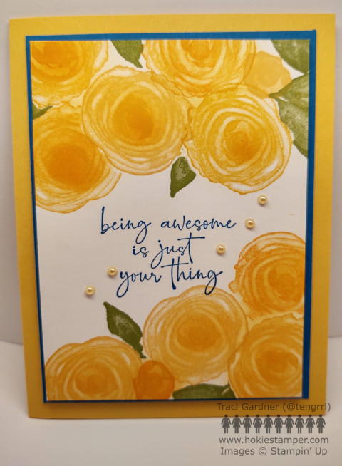 Yellow card with yellow flowers and the sentiment, Being awesome is just your thing