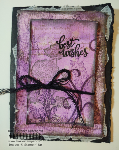 Purple Card with dark collage images of flowers and decorative ornaments with the sentiment, Best wishes