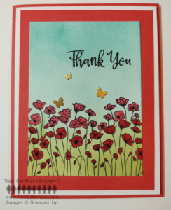 Red card with a blue sky and a field of red poppies, with the sentiment, Thank You