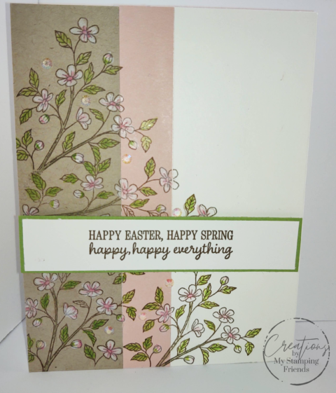 Flowering branches on a brown, pink, and white background, with the sentiment, Happy Easter, Happy Spring, Happy, Happy Everything