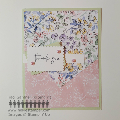 Pastel green card with floral patterned paper and the sentiment, Thank you