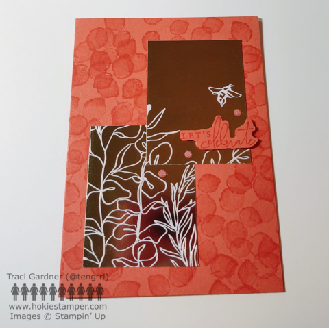Coral colored card with leaves on copper foil and a single bumblebee with the sentiment, Let's Celebrate