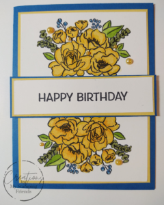 Greeting card featuring a spray of yellow roses above and below a horizontal greeting, with the sentiment, “Happy Birthday.”
