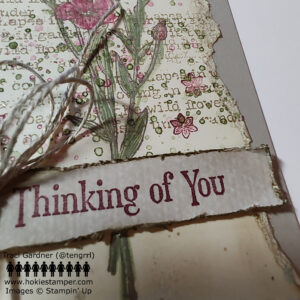 Close-up of the sentiment, Thinking of You, with rough and inked edges