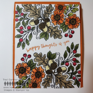 Fall card with large sprays of fall foliage, acorns, orange flowers and red berries across the top and bottom of the greeting card, with the sentiment Happy Thoughts of You across the middle. 