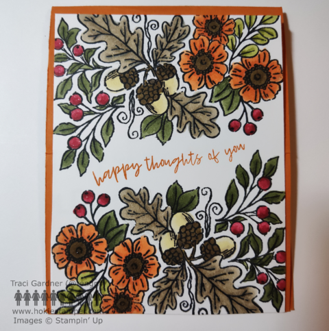 Fall card with large sprays of fall foliage, acorns, orange flowers and red berries across the top and bottom of the greeting card, with the sentiment Happy Thoughts of You across the middle.