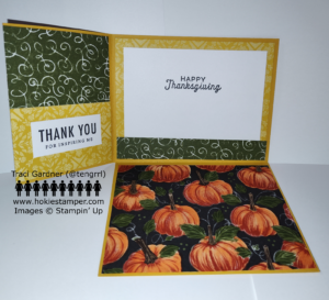 Thanksgiving card with all flaps open to show the innermost part of the card, which features pumpkins, and green and yellow backgrounds of patterned paper. The main sentiment states, Happy Thanksgiving.
