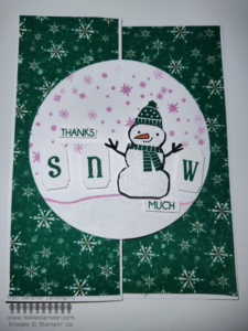 Green and white card, showing snowflake patterned paper and a focal image of a snowperson, with the sentiment Thanks SNOW much