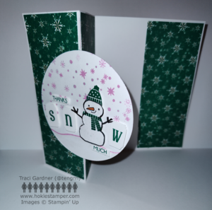Green and white card, using a Z fold, showing snowflake patterned paper and a focal image of a snowperson, with the sentiment Thanks SNOW much
