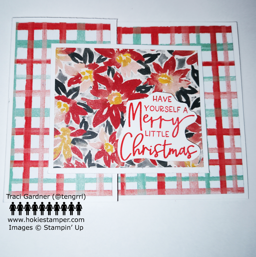 Card front showing panels of criss-crossing lines in red, pink, and green with an overlapping central image of red poinsettias, with the sentiment Have yourself a merry little Christmas.