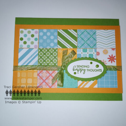Greeting card showing 15 different patterns of paper, laid out like quilt squares, with the sentiment, Sending Happy Thoughts