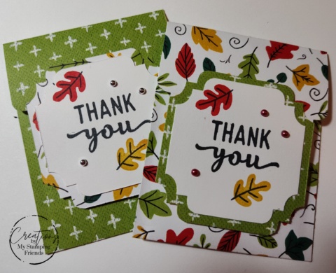 GIft card holders in two patterns, using fall leaf-covered patterned paper, with the sentiment, Thank you.