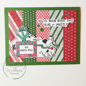 Christmas card with vertical stripes of red and green patterned paper. On top is a cut out of a black and white dog tugging a ribbon that secures an unhappy cat on top of a present labeled, to North Pole. The sentiment reads, You’ve been good this year—mostly.