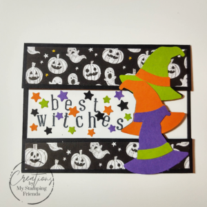 Halloween Card with three witches hats, patterned paper with pumpkins and ghosts, and the sentiment, Best Witches