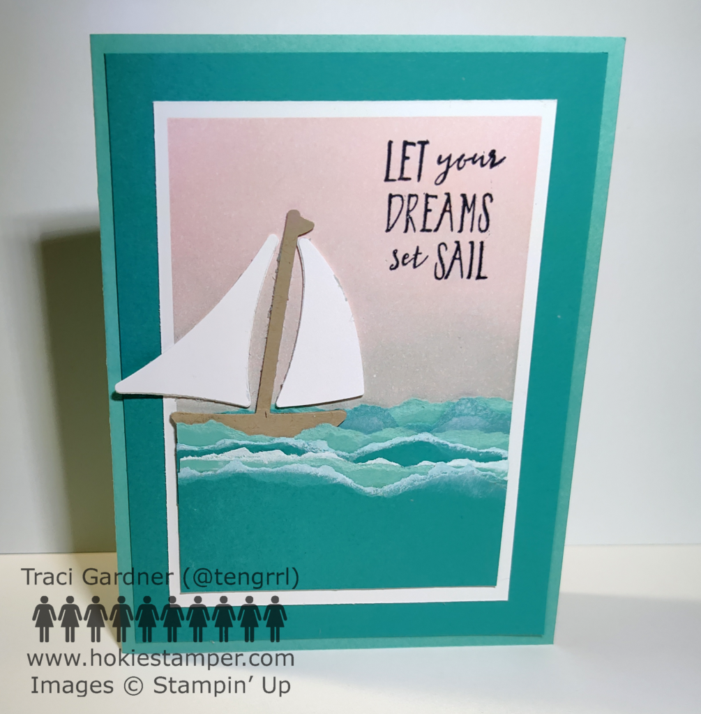 Blue card featuring alternating shades of blue as waves in the foreground and a brown sailboat with white sails. The sentiment is Let your dreams set sail.