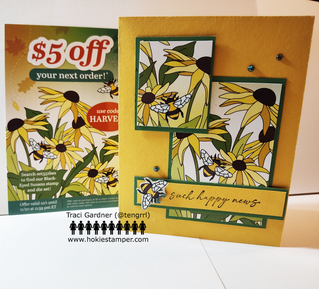 Goldenrod-colored greeting card showing black-eyed Susans and bumblebees with the sentiment, Such happy news.