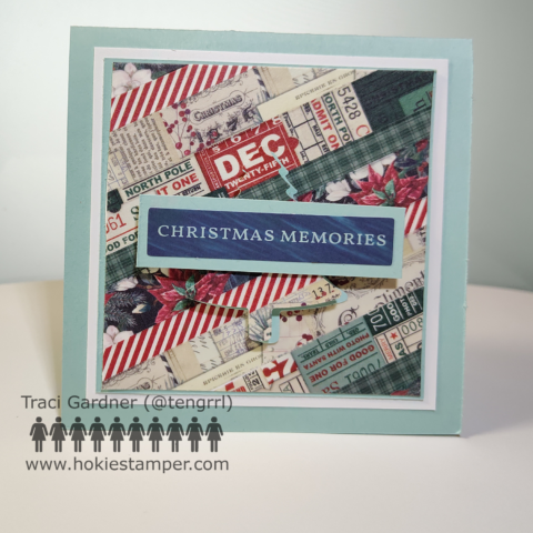 Front of a Christmas card with strips of vintage holiday washi tape diagonally across the front