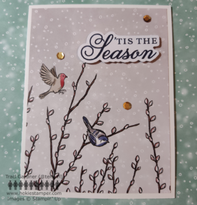 Two birds on a snowy background with the sentiment, Tis the season